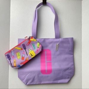 CLINIQUE Purple Canvas Tote with Cosmetic Bag